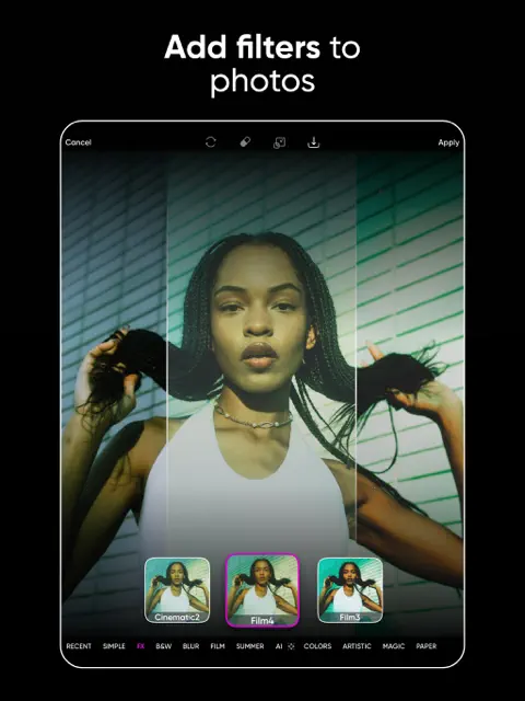 Picsart photo editing tools with filters, retouching, and AI effects