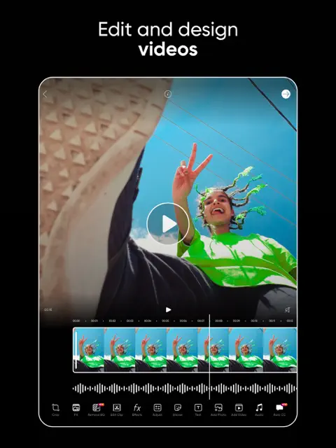 Picsart video editor with music, captions, effects, and clip timeline